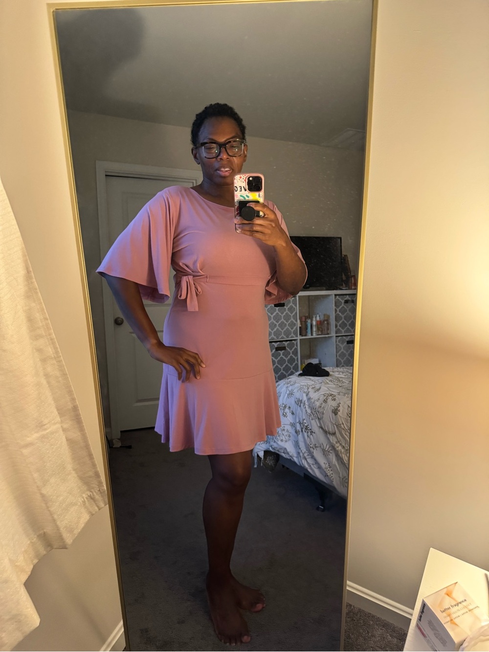 Dusty Rose Flutter-Sleeve Tie-Waist Midi Dress